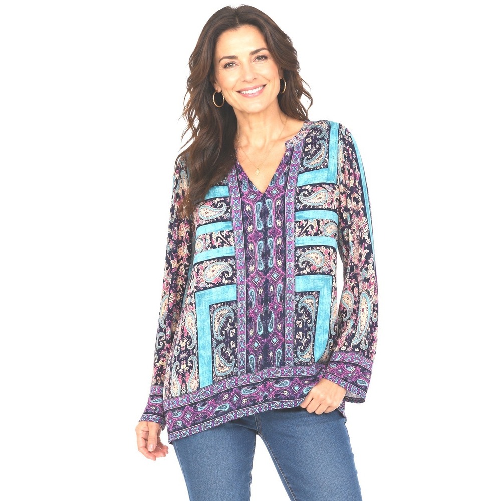Lucky Brand Womens Paisley Print V-Neck Boho Peasant Top Teal Purple Medium